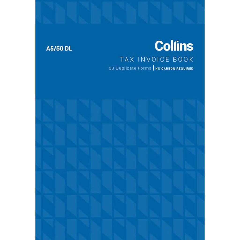 Collins tax invoice book with blue geometric pattern on a white background