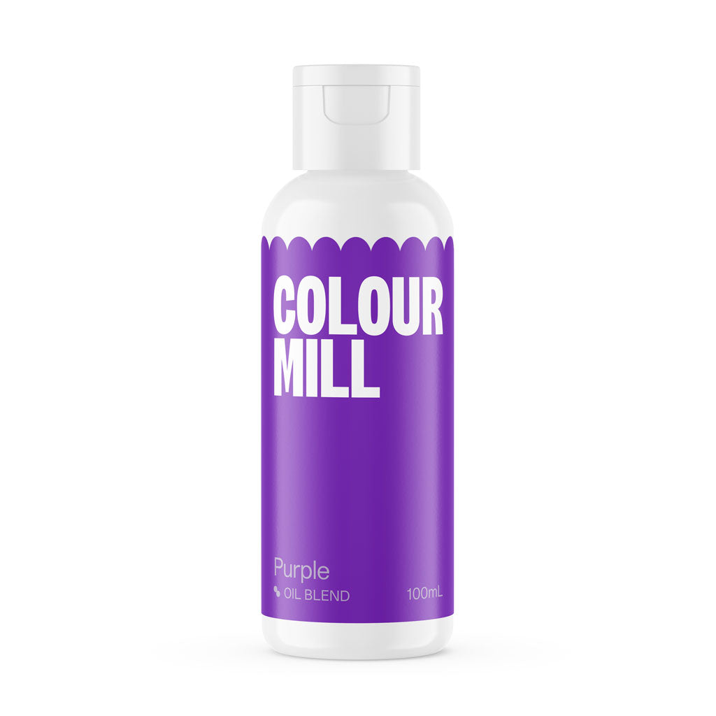 A 100ml bottle of Colour Mill Purple Oil Blend, featuring a white bottle with a prominent purple label and a white flip-top cap, set against a plain white background.