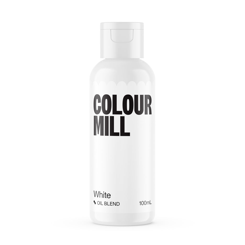 bottle of colour mill white oil blend 100ml on a white background