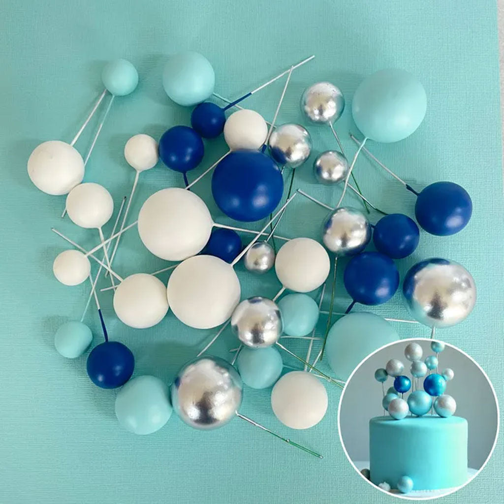 Deco Foam Ball Cake Topper Set | Blue, White & Silver | 32/Piece