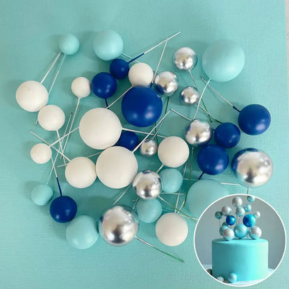 Deco Foam Ball Cake Topper Set | Blue, White & Silver | 32/Piece