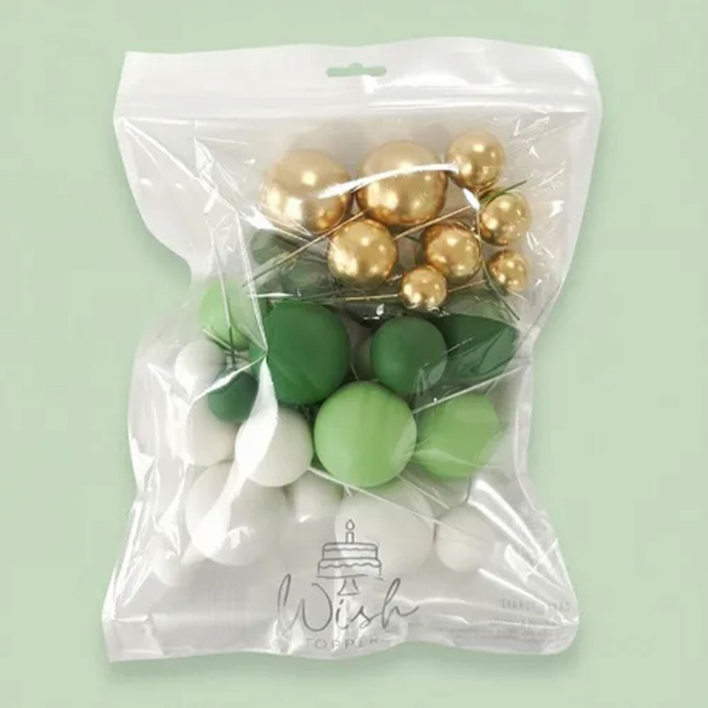 Deco Foam Ball Cake Topper Set - Green, White & Gold | 32/Piece