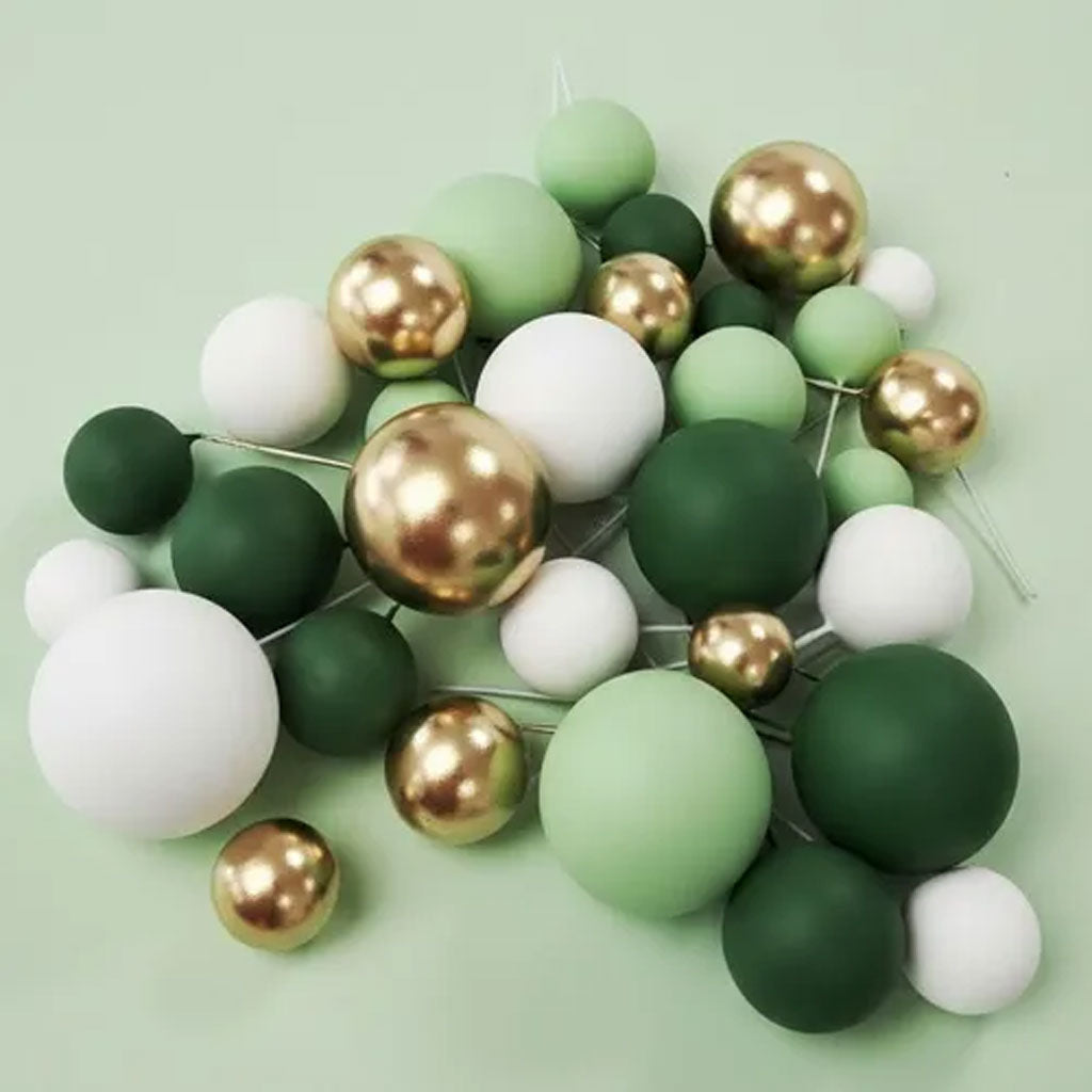 Deco Foam Ball Cake Topper Set - Green, White & Gold | 32/Piece