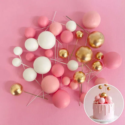 Deco Foam Ball Cake Topper Set - Pink, White & Gold | 32/Piece
