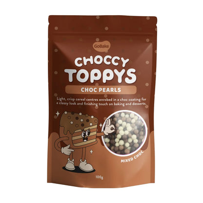 Packaging of GoBake Choccy Toppys Choc Pearls with cartoon character and a clear window showing choc pearls on a white background