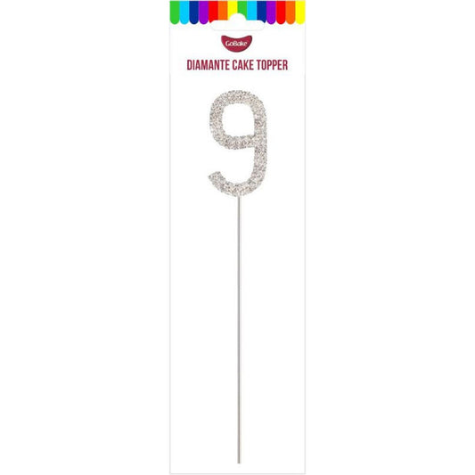 GoBake Silver Diamante #9 Topper 4.5cm