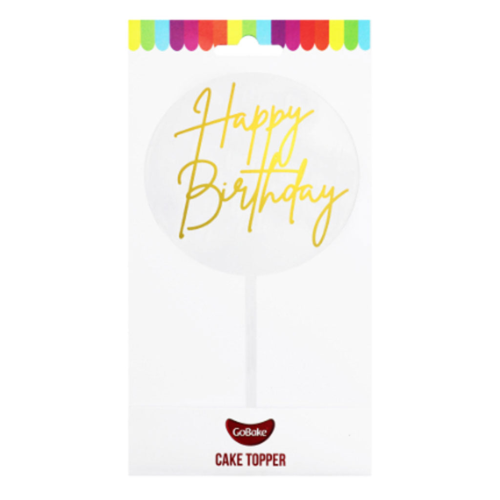GoBake Small Acrylic Topper Happy Birthday Round Gold