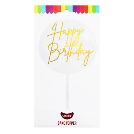 GoBake Small Acrylic Topper Happy Birthday Round Gold