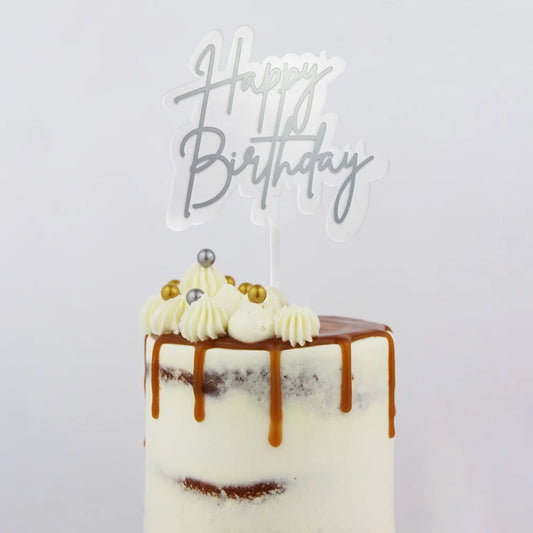 GoBake Acrylic Happy Birthday Cake Topper - Elegant Silver