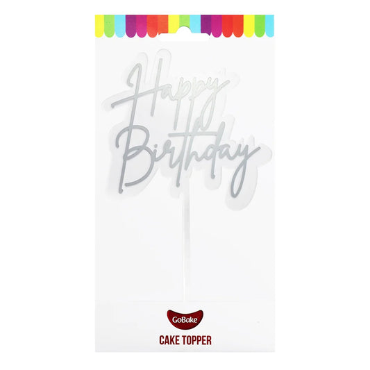 GoBake Acrylic Happy Birthday Cake Topper - Elegant Silver