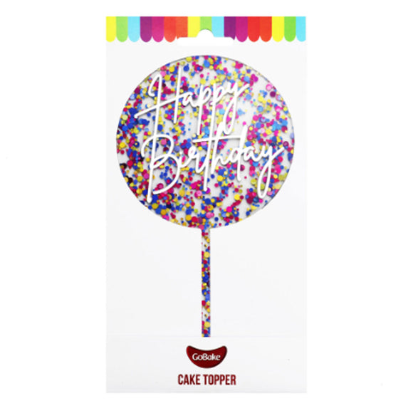 GoBake Small Acrylic Topper Happy Birthday Round Rainbow Glitter