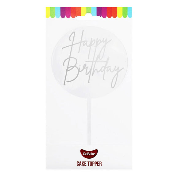 GoBake Small Acrylic Topper Happy Birthday Round Silver