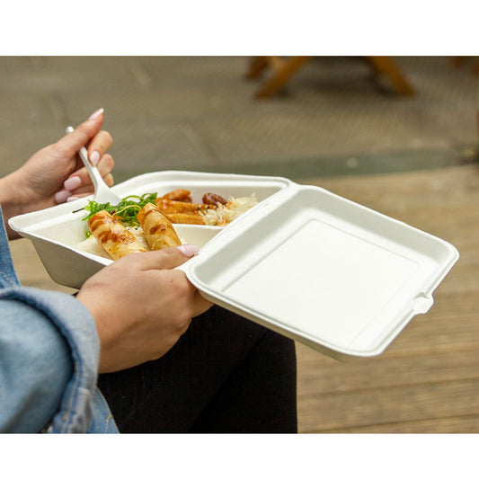 Sugarcane 2 Compartment Rectangle Meal Clamshell 228x153x67mm (900ml) 50/Pack