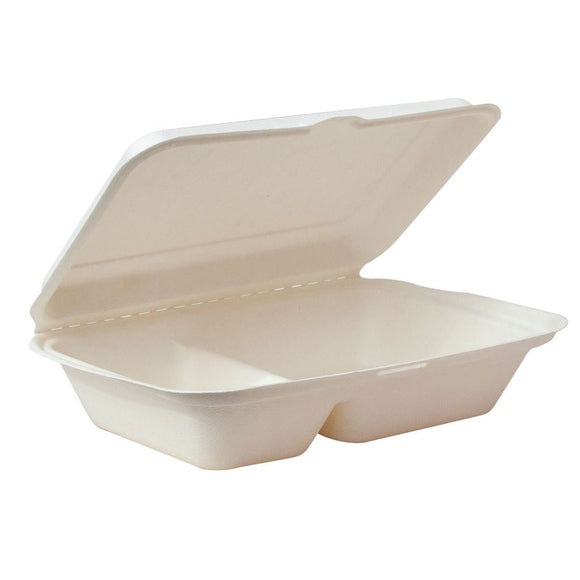 Sugarcane 2 Compartment Rectangle Meal Clamshell 228x153x67mm (900ml) 50/Pack