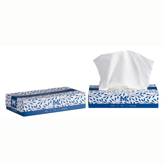 blue and white boxes with loose facial tissue