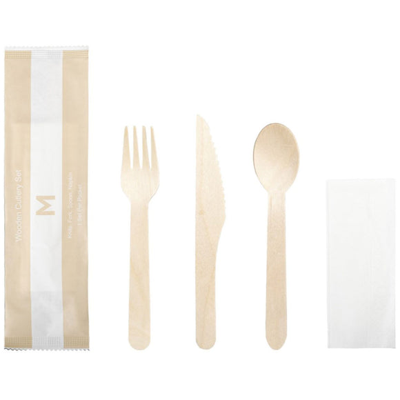 M Wooden Cutlery Set 4/1 (Knife,Fork,Spoon,Napkin) | 50/Pack