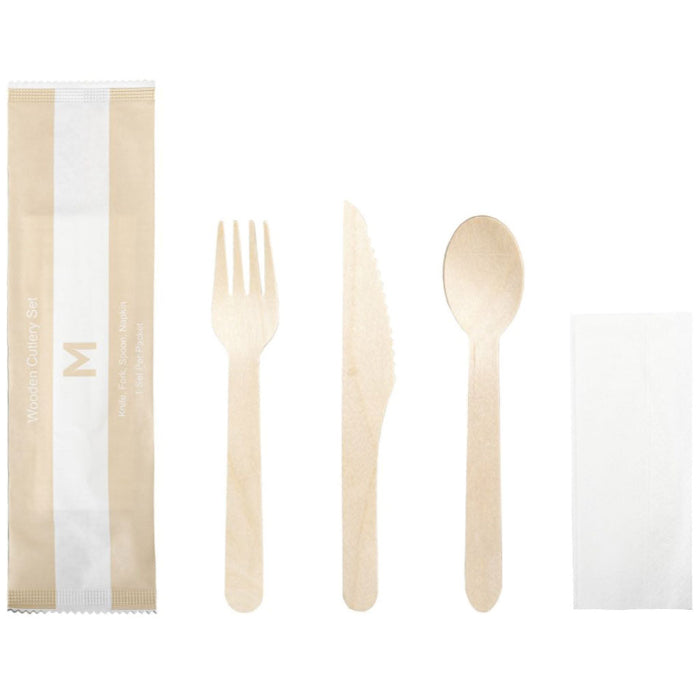 wooden knife for and spoon with white napkin in a cutlery set