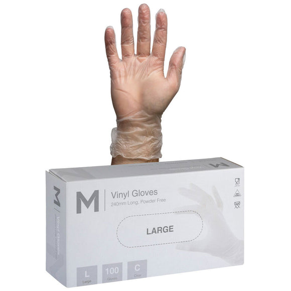 M Vinyl Gloves Powder Free Clear Large | 100 Gloves/Box
