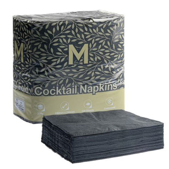 M Cocktail Napkins 2Ply 1/4 Fold Black | 100/Pack