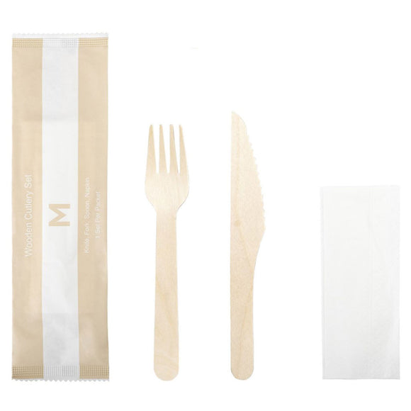 M Wooden Cutlery Set 3/1 (Knife, Fork, Napkin) | 50/Pack