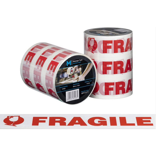Fragile Printed Tape White/Red 48mm x 100m | 3/Pack