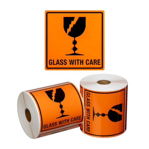Glass with Care Handling Labels Orange/Black 99x99mm | 500/Roll