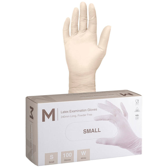 M Latex Gloves Powder Free White Small | 100 Gloves/Box