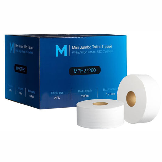 Box of Mini Jumbo Toilet Tissue with two rolls on a white background