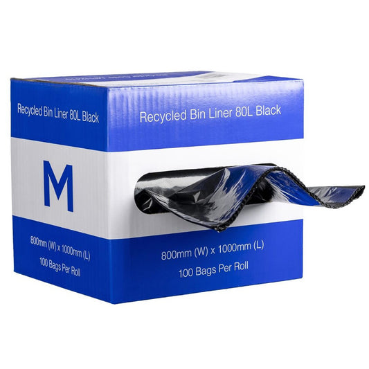 M Recycled Bin Liners in Dispenser Box 80L Black | 100/Box