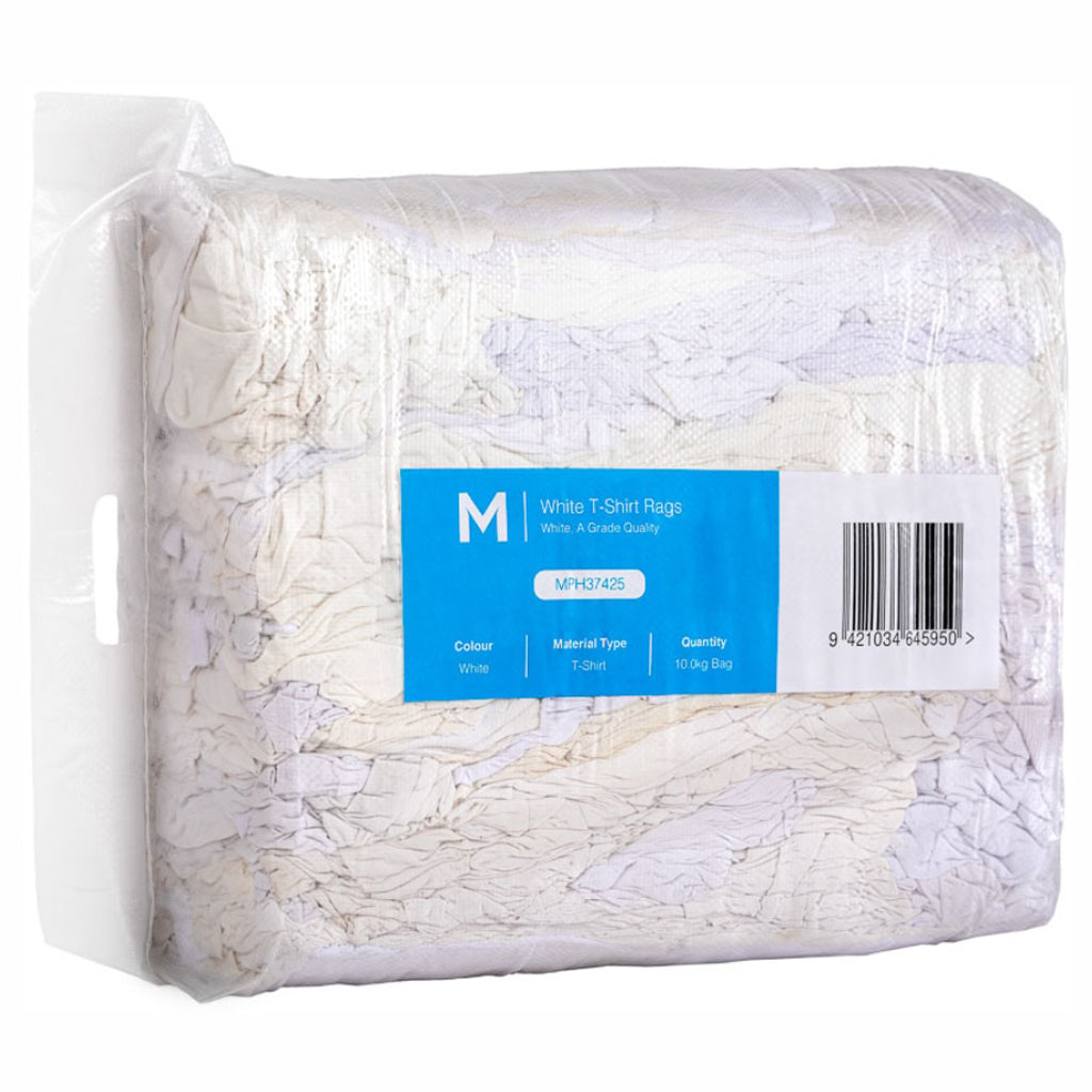 A packaged bulk lot of white cotton t-shirt rags, wrapped in clear plastic with a blue and white label in the center.