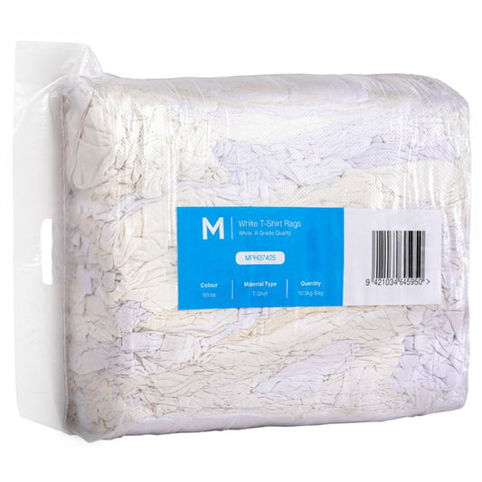 A packaged bulk lot of white cotton t-shirt rags, wrapped in clear plastic with a blue and white label in the center.