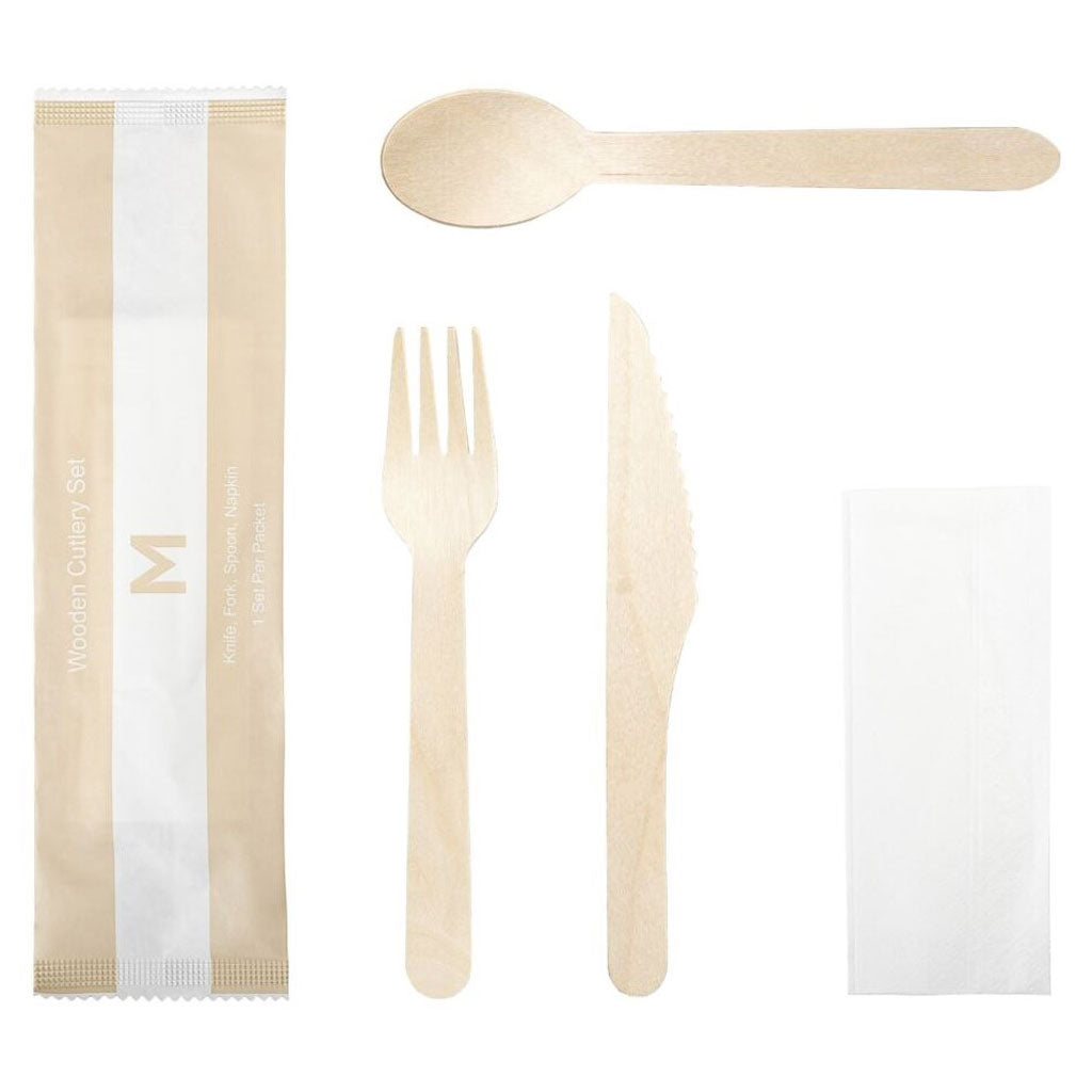 M Wooden Cutlery Set 4/1 (Knife,Fork,Spoon,Napkin) | Each