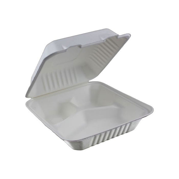 Qiwi B036 3 Compartment Sugarcane Clamshell 8x8Inch | 50/Pack