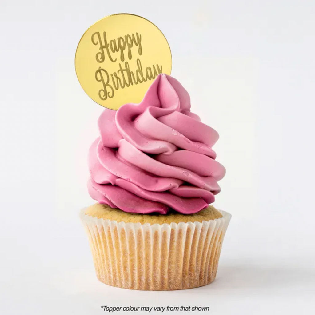 Happy Birthday Round Gold Mirror Topper 5cm