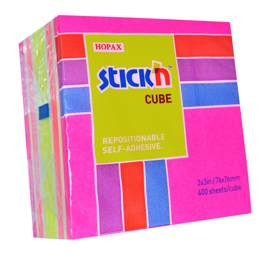 Stick'n Note Cube 76x76mm 400 Sheets - Magenta & Assorted Neon