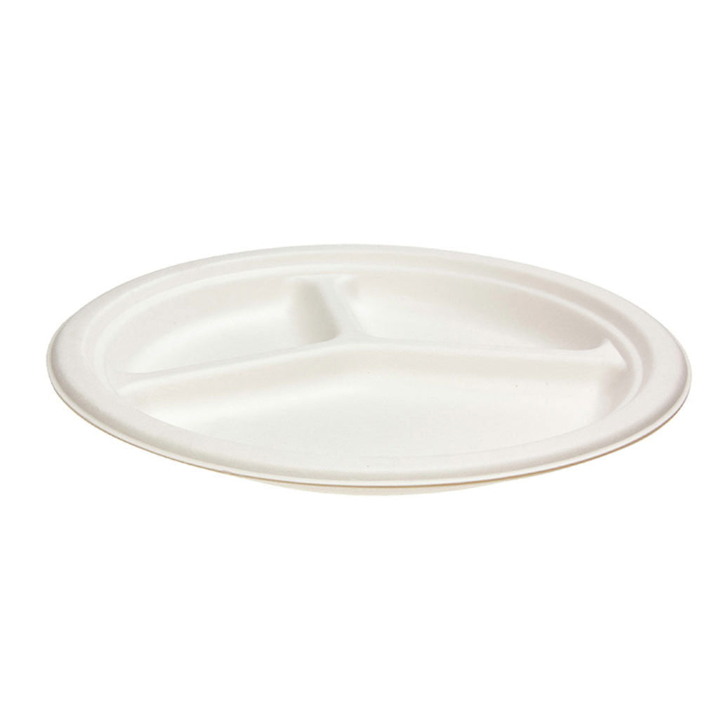 Sugarcane Round Dinner Plate 3 Compartment 10 Inch (260mm) 500/Ctn