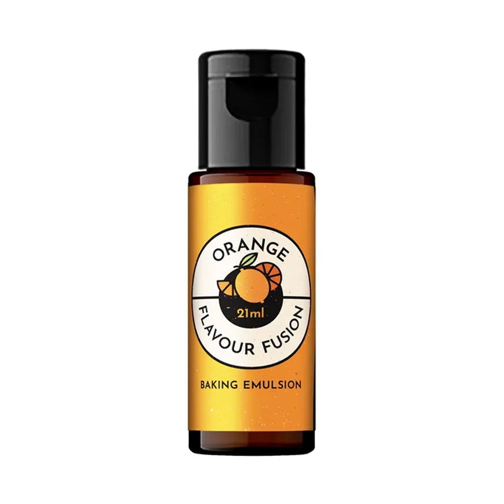 Bottle of Vivid Orange Flavour Fusion baking emulsion on a white background
