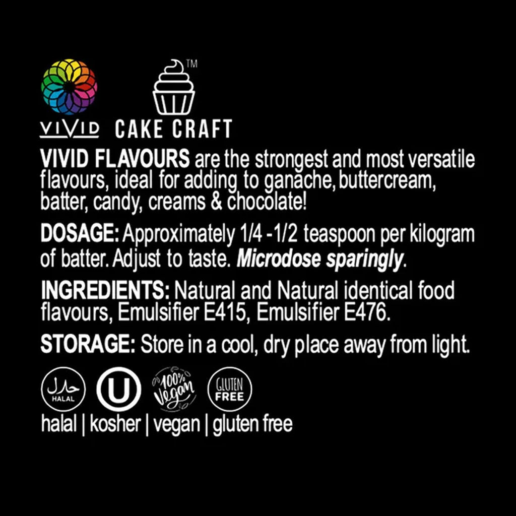A black information card with white text and logos from VIVID CAKE CRAFT, showing flavor description, dosage, ingredients, storage instructions, and certification icons including halal, kosher, vegan, and gluten free.