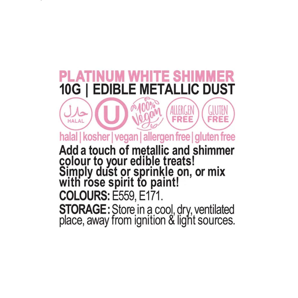 Vivid Edible Metallic Lustre Dust | Platinum White Shimmer - 10g