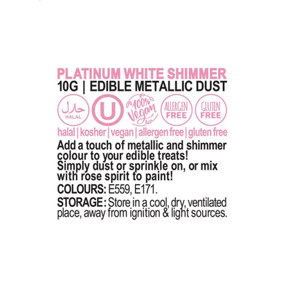 Vivid Edible Metallic Lustre Dust | Platinum White Shimmer - 10g
