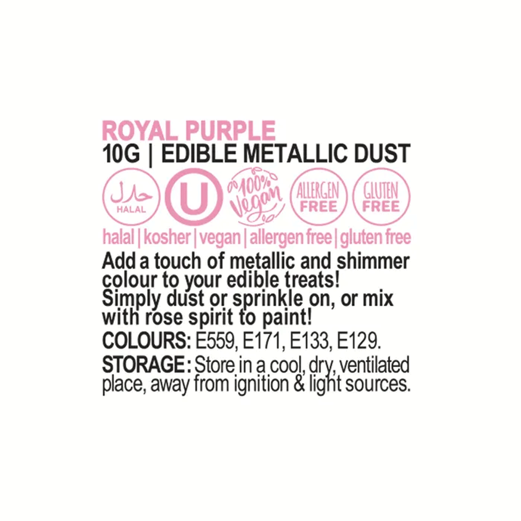nutritional information label for metallic purple edible lustre dust