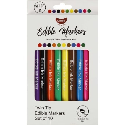 GoBake Edible Ink Markers Twin Tip 10/Pack Assorted Colours (Red, Purple, Black, Orange, Green, Yellow, Brown, Blue, Pink, Green)