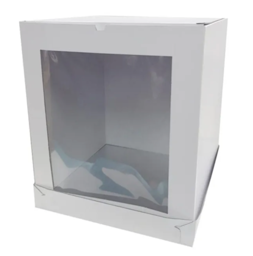 White Corrugated Card Side Window Cake Box 8x8x10 Inch Tall. 2 Part Base & Lid