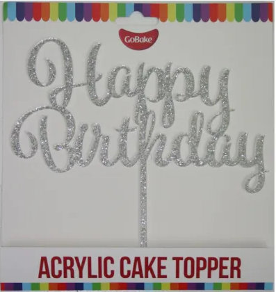 GoBake Happy Birthday Silver Glitter Acrylic Cake Topper