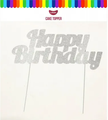 GoBake Happy Birthday Silver Paper Cake Topper