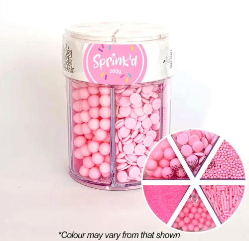 Sprink'd 6 Cavity Jar Assorted Sprinkles Pastel Pink 200g (Sanding Sugar, Sugar Balls, Sequins, Jimmies)
