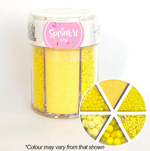 Sprink'd Yellow 6 Cavity Assorted Sprinkles Jar 200g (Sugar Balls, Sanding Sugar, Jimmies, Sequins)