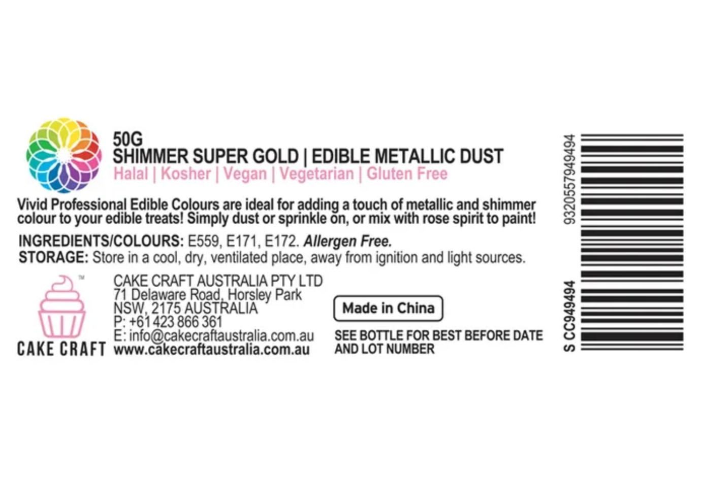 Vivid Edible Metallic Dust Super Gold Shimmer 50g | BB 04/26