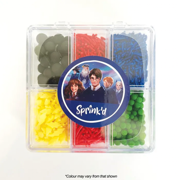Sprink'd Harry Potter themed bento box with assorted green, red, black, yellow & blue sprinkles