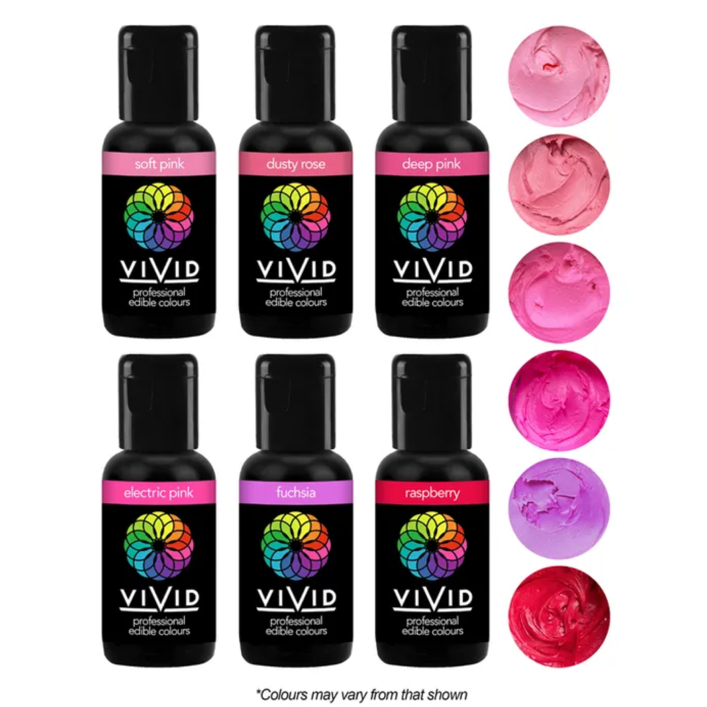 Vivid Pink Passion 6 Pack Gel Food Colours 6 x 21g (Soft Pink, Dusty Rose, Deep Pink, Electric Pink, Fuchsia, Raspberry)